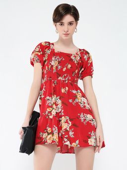 SHOWOFF - Womens Floral Print Red Fit and Flare Dress
