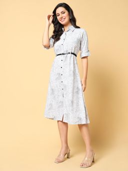 SHOWOFF - Womens Printed White Shirt Dress with Belt (Set of 2)