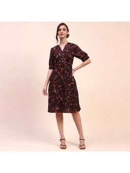 CAMLA - Barcelona Abstract Print Cinched Waist Brown Knee Length Dress