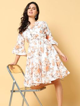 SHOWOFF - Womens Printed Orange Fit and Flare Dress
