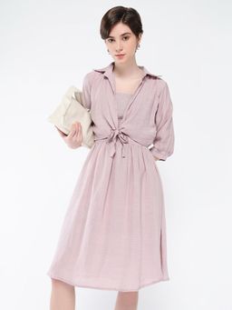 SHOWOFF - Womens Solid Peach Fit and Flare Dress with Shrug (Set of 2)