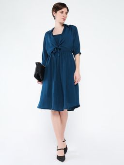 SHOWOFF - Womens Solid Teal Fit and Flare Dress with Shrug (Set of 2)