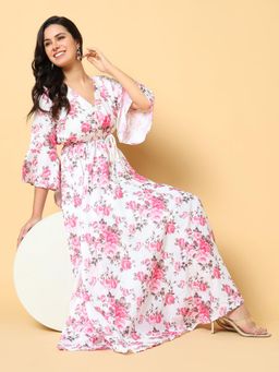 SHOWOFF - Womens Printed White and Pink Fit and Flare Dress