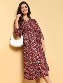 SHOWOFF - Womens Floral Print Maroon Fit and Flare Dress