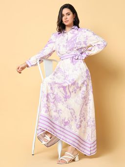 SHOWOFF - Womens Printed Purple A-Line Dress with Belt (Set of 2)