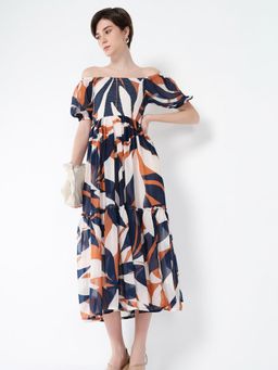 SHOWOFF - Womens Printed Navy Blue Fit and Flare Dress