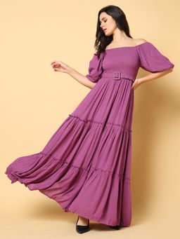 SHOWOFF - Womens Solid Purple Fit and Flare Dress with Belt (Set of 2)