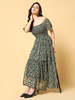 SHOWOFF - Womens Floral Print Green Fit and Flare Dress