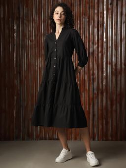High Star - Women Black Regular Solid Flared Fit Cotton 3-4Th Sleeve Dress