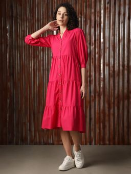 High Star - Cotton Mandarin Collar Bishop Sleeves Shirt Midi Tiered Dress