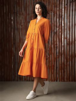 High Star - Cotton Mandarin Collar Bishop Sleeves Shirt Midi Tiered Dress
