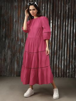 High Star - Women Mauve Solid Flared Fit Cotton Round Neck 3-4Th Sleeve Dress