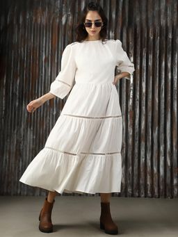 High Star - Solid Tier Cotton Maxi Puff Sleeves geathers in neck Dress