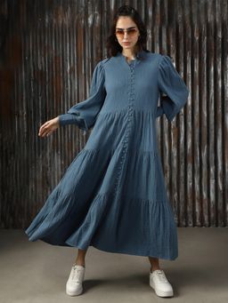 High Star - Women Blue Solid Flared Fit Cotton Collar Long Sleeve Dress