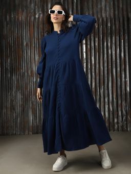 High Star - Women Navy Blue Solid Flared Fit Cotton Collar Long Sleeve Dress