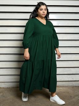 High Star - Women Green Plus Solid V Neck Half Sleeve Dress