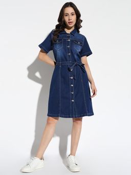 SHOWOFF - Womens Solid Blue Shirt Dress with Belt (Set of 2)