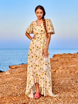 Madame - Floral Print Wrap Detailed Yellow Midi Dress