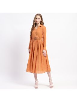 Madame - Pleated Cotton Blend Orange Shirt Dress (Set of 2)