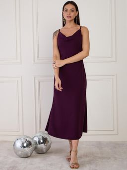 Magre - Flex Fit Wine Sheath Midi Cowl Neck Dress