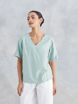 Fabindia - Blue Viscose Silk Solid Top