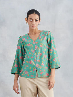 Fabindia - Green Cotton Silk Printed Top