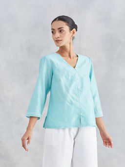 Fabindia - Blue Cotton Silk Solid Top