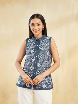 Fabindia - Blue Cotton Silk Chikankari Top