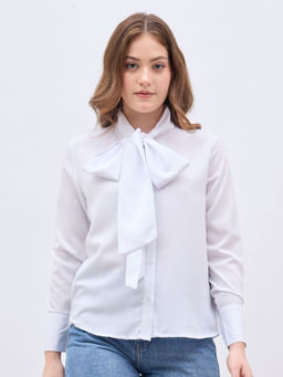 Styli - Women White Solid Poet Tie Up Neck Shirt