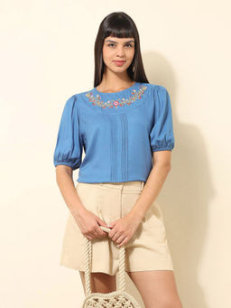 U.S. POLO ASSN. - Blue Floral Embroidered Top