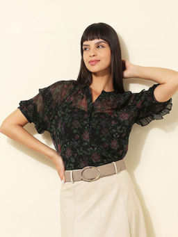 U.S. POLO ASSN. - Black Sheer Floral Printed Lace Top