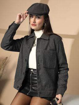 CHKOKKO - Women Winter Wear Solid Button Down Spread Collar Shacket