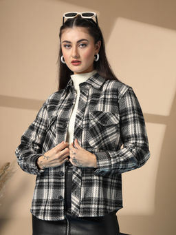 CHKOKKO - Women Flannel Plaid Winter Jacket Button Down Shacket