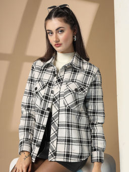 CHKOKKO - Women Flannel Plaid Winter Jacket Button Down Shacket
