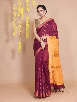 CHARUKRITI - Magenta Cotton Zari Motifs & Striped Pallu Handwoven Saree with Unstitched Blouse