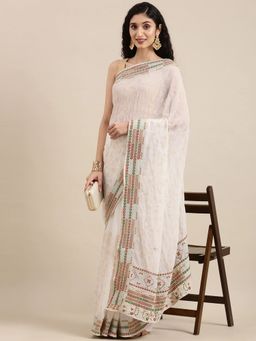 Vastranand - White & Beige Ethnic Motifs Saree with Unstitched Blouse