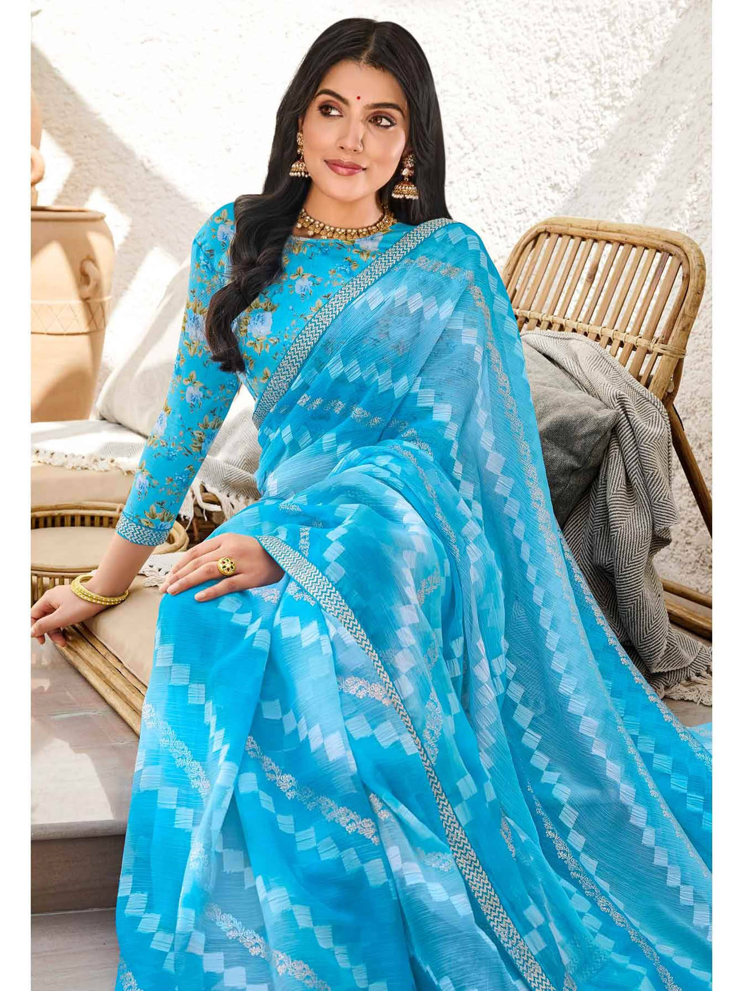 Buy Laxmipati Sarees Sky Blue Color Chiffon Butti Designer Printed
