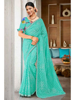 Laxmipati Sarees - Sky Blue Color Brasso Designer Printed Saree with Unstitched Blouse