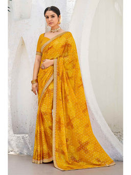 Laxmipati Sarees - Mustard Color Satin Chiffon Designer Printed Saree with Unstitched Blouse