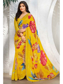 Laxmipati Sarees - Lemon Sparkle Chiffon with Patta Designer Printed Saree with Unstitched Blouse