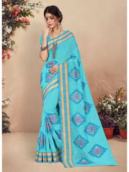 Sangam Prints - Sky Blue Thread Work Traditional Saree with Unstitched Blouse
