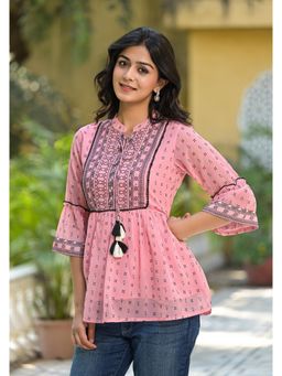 Juniper - Pink Ethnic Motif Printed Georgette Tunic with Sequins and Doris