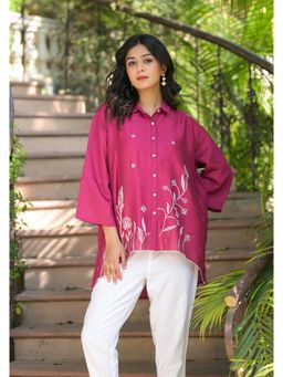 Juniper - Fuchsia Thread Embroidered Chanderi Tunic with Button Closure
