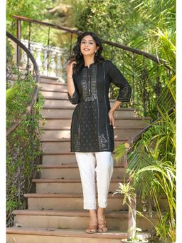 Juniper - Black Ethnic Motif Printed Silk Tunic with Buttons