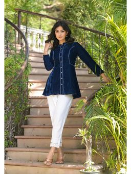 Juniper - Blue Solid Velvet Tunic with Button Closure