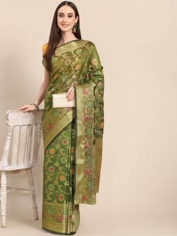Odette - Green Woven Organza Saree with Unstitched Blouse