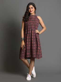 EARTHWEAR - Brown Ajrakh Hand Block Printed Sleeveless Dress