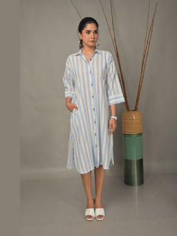 EARTHWEAR - White Striped Shirt Collar Antifit Dress