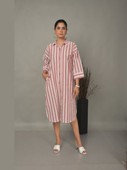EARTHWEAR - White Shirt Collar Striped Antifit Dress