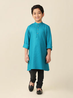 Fabindia - Teal Viscose Blend Dobby Long Kurta